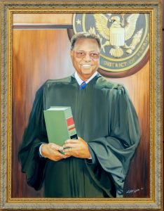 Painted portrait of Judge Mickle. He is posed before the Florida seal, wearing black judicial robes, smiling, and holding a green-bound book.