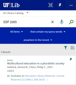 Screenshot of a library catalog search for "CHM 2045," which shows that the course reserve textbook for this class is located in