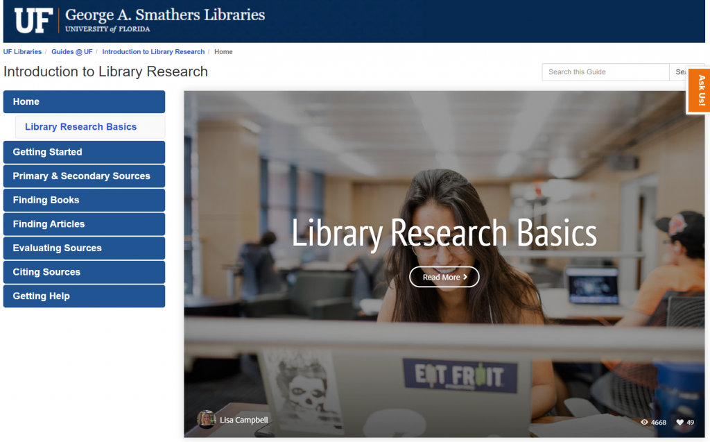 Screenshot of a website called "Library Research Basics" featuring a photo of student studying