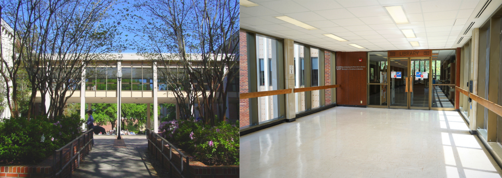 Two images. One shows a glass, encased bridge connecting two buildings with trees and flowers beneath. The second is the view from inside the brige looking at a wooden entryway labeled "library"