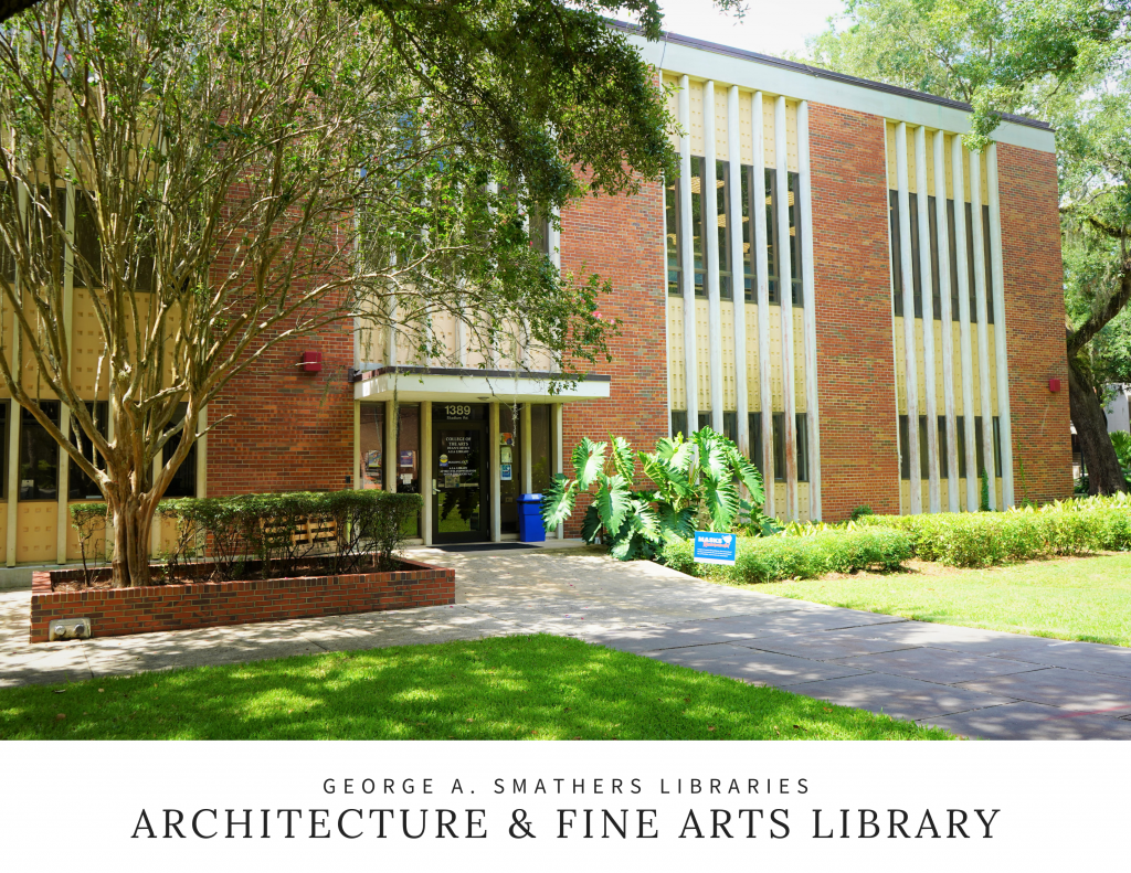 A brick building with white columns and long windows. Text below: George A. Smathers Libraries, Architecture and Fine Arts Library