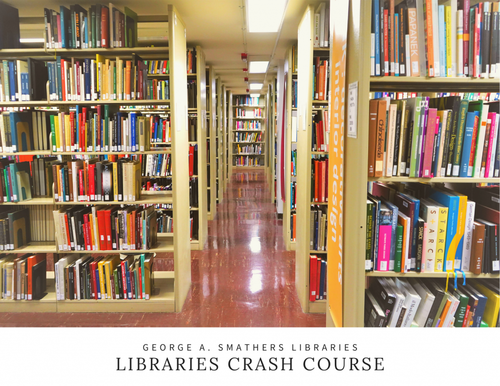 Looking down an aisle of bookshelves stacked with colorful books. Text reads "George A. Smathers Libraries, Libraries Crash Course"