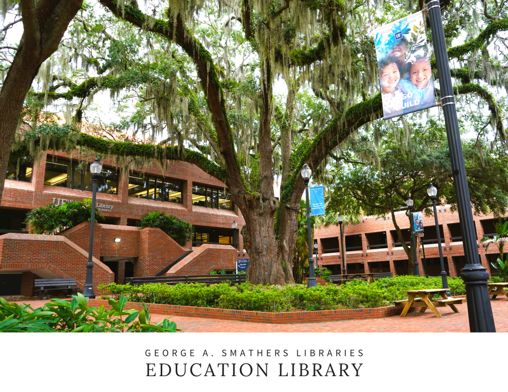 Large oak tree in the middle of a brick building courtyard. Text below: George A. Smathers Libraries, Education Library
