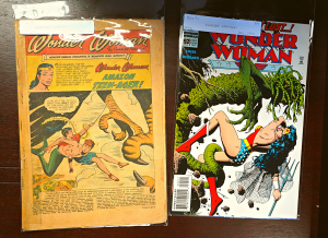 Two issues of Wonder Woman comics from 1959 and 1994. The 1959 issue shows Wonder Woman holding a mermaid and lassoing the claw of a giant bird. The 1994 issue shows Wonder Woman fighting a green creature with large clawed hands and numerous snakes in place of a head.