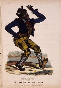 A cartoon drawing of Thomas D. Rice in his blackface role as Jim Crow on the cover to an early edition of Jump Jim Crow sheet music. He is standing with one hand on his hip and the other in the air in a mocking pose. Words at the bottom read "Mr. T. Rice as the Original Jim Crow."