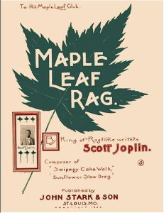 Cover of the sheet music for "Maple Leaf Rag," which is printed in a big font inside a large green maple leaf silhouette. Under the title, the left side has a small portrait of Scott Joplin, and the right side says "By King of Ragtime Writers Scott Joplin." The middle bottom reads "Composer of 'Swipesy Cake Walk,' 'Sunflower Slow Drag.' Published by John Stark & Son, St. Louis, Mo." In the top left corner are the small words "To the Maple Leaf Club."