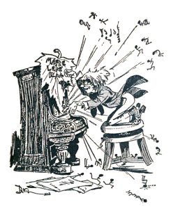 Cartoon drawing of a man kneeling on a stool, playing the piano animatedly. A large leaf on the piano reads "Maple Leaf Rag," and music notes are shooting out of the piano.