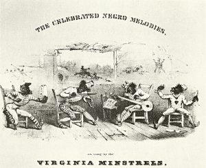 Cartoon drawing of four Black men sitting in chairs and playing instruments. Text at the top reads "The Celebrated Negro Melodies," and text at the bottom reads "as sung by the Virginia Minstrels."