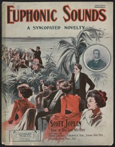 Sheet music cover, the title "Euphonic Sounds" in large blocky letters at the top. The words "A Syncopated Novelty" are smaller under the title. The page is filled with a large illustration of a crowd of well-dressed people watching an orchestra at a beach, with the ocean and a faraway boat in the background. The audience in the foreground is separated from the orchestra in the background by some palm trees. A small, circular portrait of Scott Joplin is on the upper right side. A stamped logo of Seminary Music Co. is in the lower left corner, with the words inscribed on a ribbon surrounded by two cherubs. Words at the bottom of the page read "By Scott Joplin, King of Rag Time Writers. Composer of Maple Leaf Rag, PineApple Rag, Sugar Cane Rag, Country Club Rag, Etc."