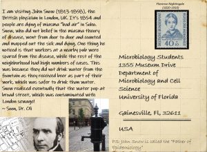 Poscard from London to students talking about John Snow, father of epidemiolgy