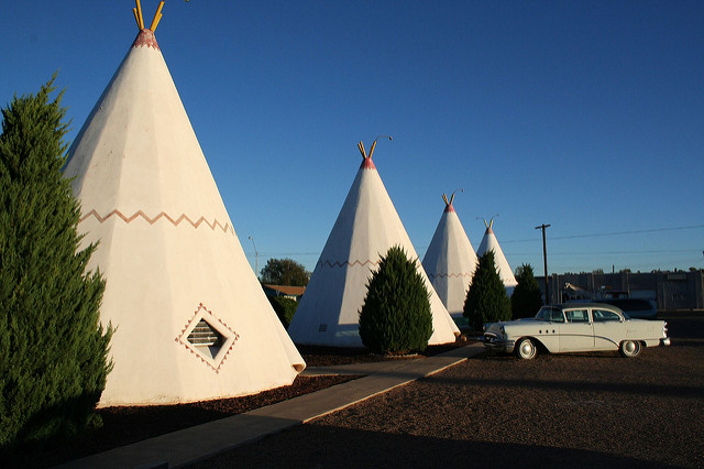 Teepees in a parking lot