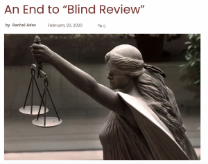 Screenshot from APA Blog, with "End to 'Blind Review'" title and image of Justice statue with eyes hidden by scarf