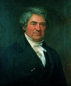 Portrait painting of a white man with grey hair, wearing a white shirt and black coat