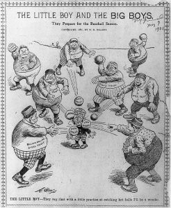 Illustration depicting eight laughing baseball players with labels identifying them as different trusts (e.g. steel) pitching at a small monkey wearing a hat labeled "common man"