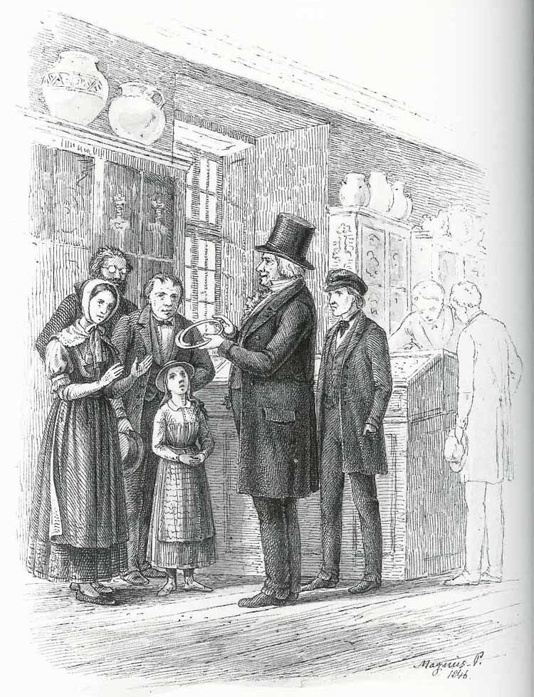 Man in 19th century European-style clothing with top hat, surrounded by group of men, a woman, and child