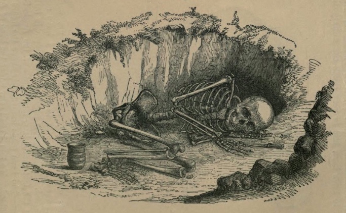 Illustration of burial with skeleton, ceramic vessel
