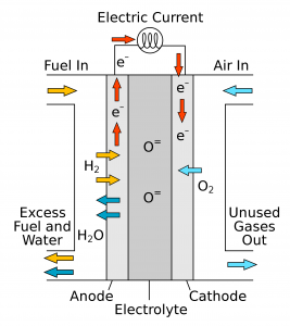 Diagram showing movement of fuel, air, and gases in fuel cell
