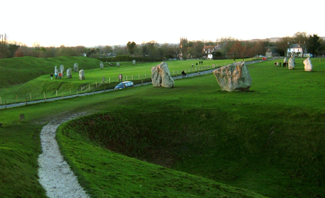 Bright green landscape with ditches and henges or stones