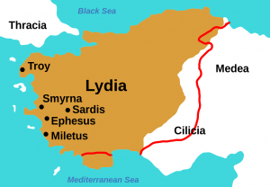 Map of Lydia in brown with blue and white areas, and red lines