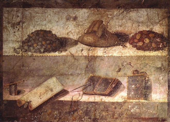 Roman fresco of objects on two layers of shelves.