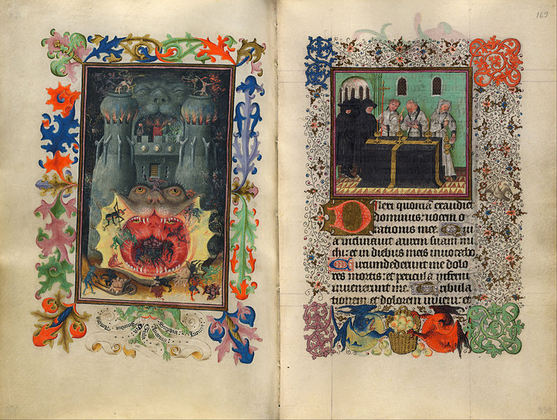 Ornate medieval book pages with brightly colored images