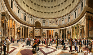 Crowd of people in panoramic view of Pantheon