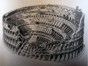 Multitoned illustration in detailed style, with section of exterior cut away to show interior of Colosseum