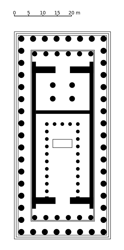 Black and white diagram with concentric rectangles of dots of different sizes, representing aerial view of Parthenon interior.