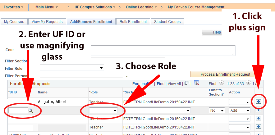 My.ufl.edu interface for adding people to a Canvas course.