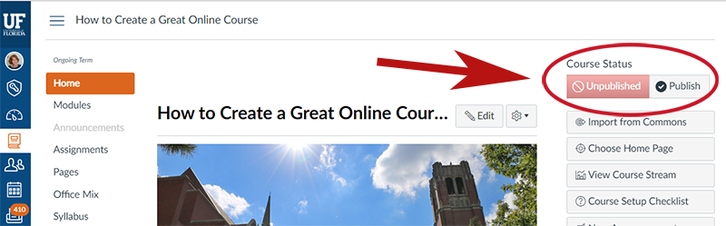 Canvas publish button is on the upper left of the home page