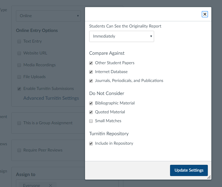 The Canvas Turnitin menu lists additional settings.