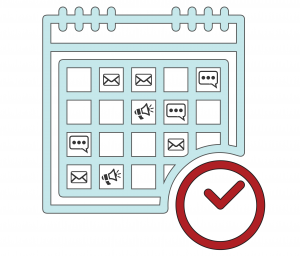Calendar icon next to a clock with planned announcements and emails on specific days of the month
