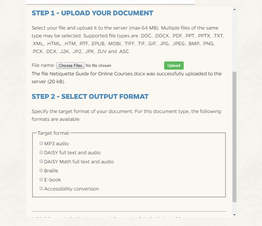 The steps for using SensusAccess: 1. upload your document, 2. select your output format