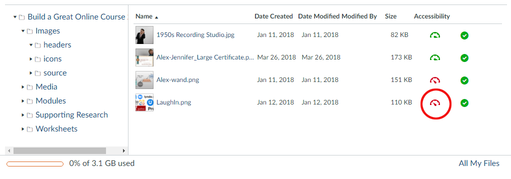 A red meter icon indicates poor file accessibility in Canvas