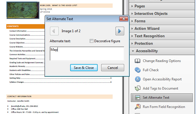 Choose Set Alternate Text from the Accessibility tool in Adobe Acrobat