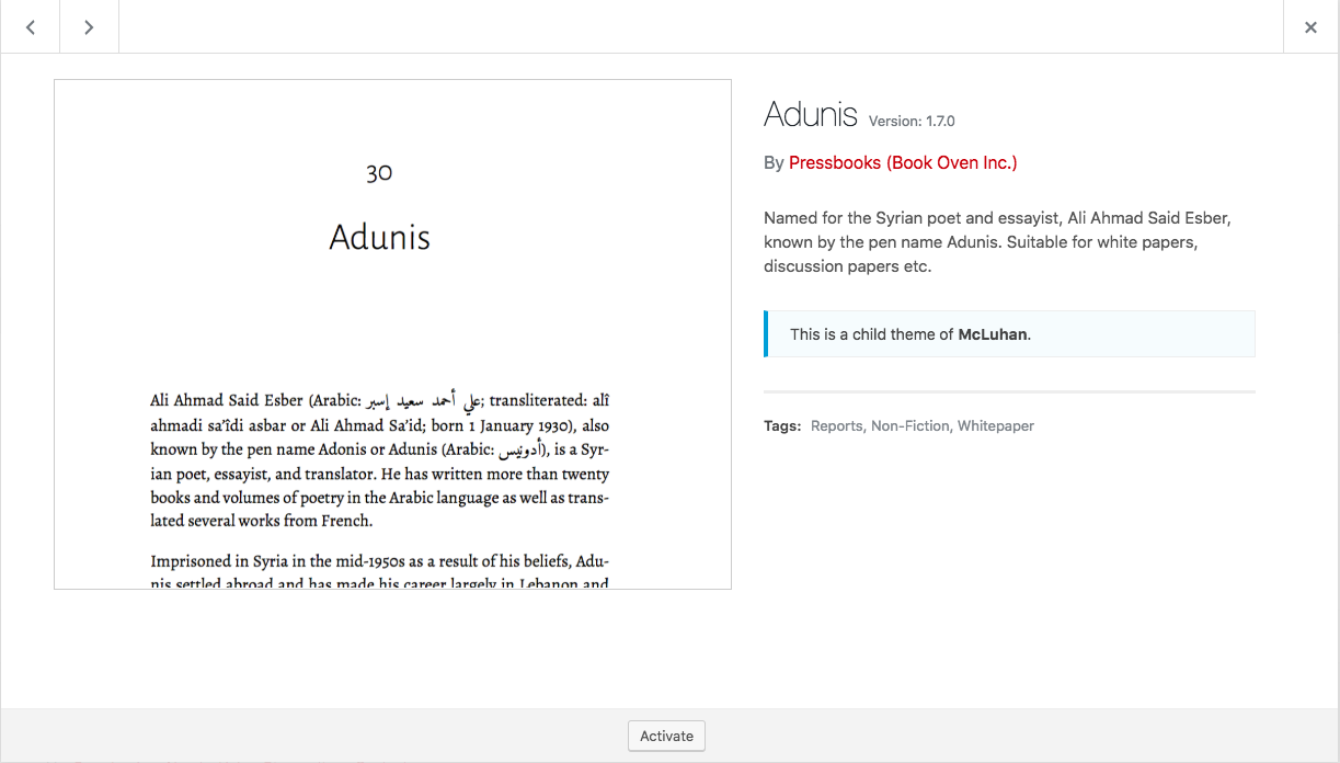 The theme details for the Adunis theme.