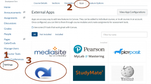 1: Canvas settings, 2: Apps from the top menu and 3: Choose redirect