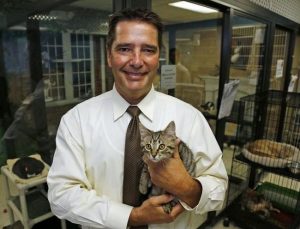 Adam Stanfield, director of SPCA Florida, holds a tabby kitten in his shelter