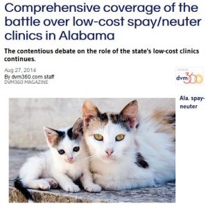 Magazine image of cat and kitten with article headline Comprehensive coverage of the battle over low-cost spay/neuter clinics in Alabama