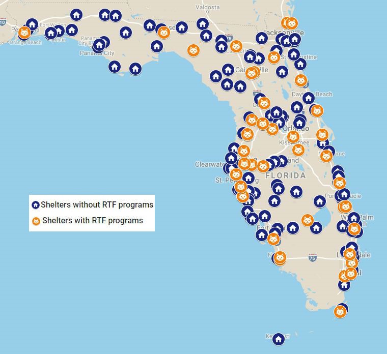 Map of Florida with RTF programs indicated by location pins
