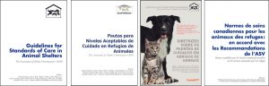Cover pages of ASV Guidelines for Standards of Care in Animal Shelters in English, Spanish, Portuguese, and French