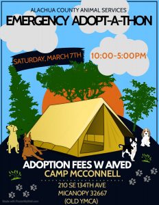 The flyer has an illustration of a tent in the woods with 4 dog breeds surrounding it along with event details of “Alachua County Animal Services Emergency Adopt-a-thon, Saturday, March 7th, 10:00-5:00PM, Adoption Fees Waived, Camp McConnell, 210 SE 134th Ave, Micanopy, 32667 (Old YMCA)”