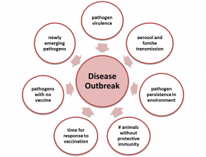 Other risk factors for disease outbreaks in shelters include pathogen virulence, aerosol and fomite transmission, pathogen persistence in the environment, number of animals without protective immunity, time for immune response to vaccination, infection by pathogens with no available vaccine, and introduction of newly emerging pathogens that may not be recognized and for which the population has no immunity.