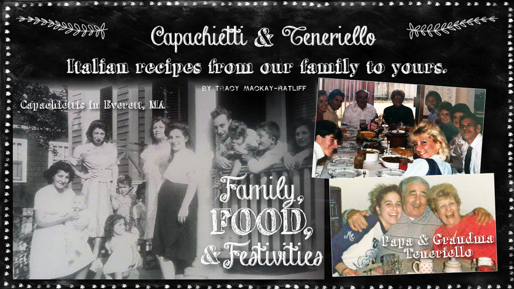 First slide of presentation with family photos. Text reads "Family, food, and festivities"