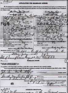 "Application for marriage license" filled out in cursive for John and Dorothy.