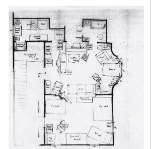 Homemade blueprint of floor plan, drawn in black ink.