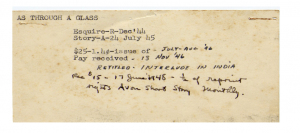 Envelope, which reads "AS THROUGH A GLASS" and notes $25 pay received on 13 November '46.