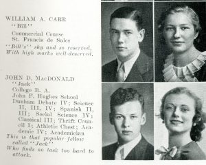 Spread of four yearbook photos, including John. Text reads: JOHN D. MACDONALD, “Jack,” College B. A., John F. Hughes School, Dunham Debate Iv; Science II, III, IV; Spanish II, III; Social Science IV; Classical III; Thrift Council 1; Athletic Chest; Academic IV; Academician. This is that popular fellow called “Jack,” Who finds no task too hard to attack.