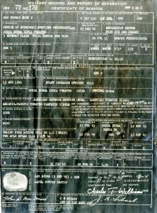 Document text reads: "MILITARY RECORD AND REPORT OF SEPARATION CERTIFICATE OF SERVICE."