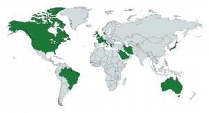 World map with North America, parts of South America, Austrailia, and Europe highlighted green